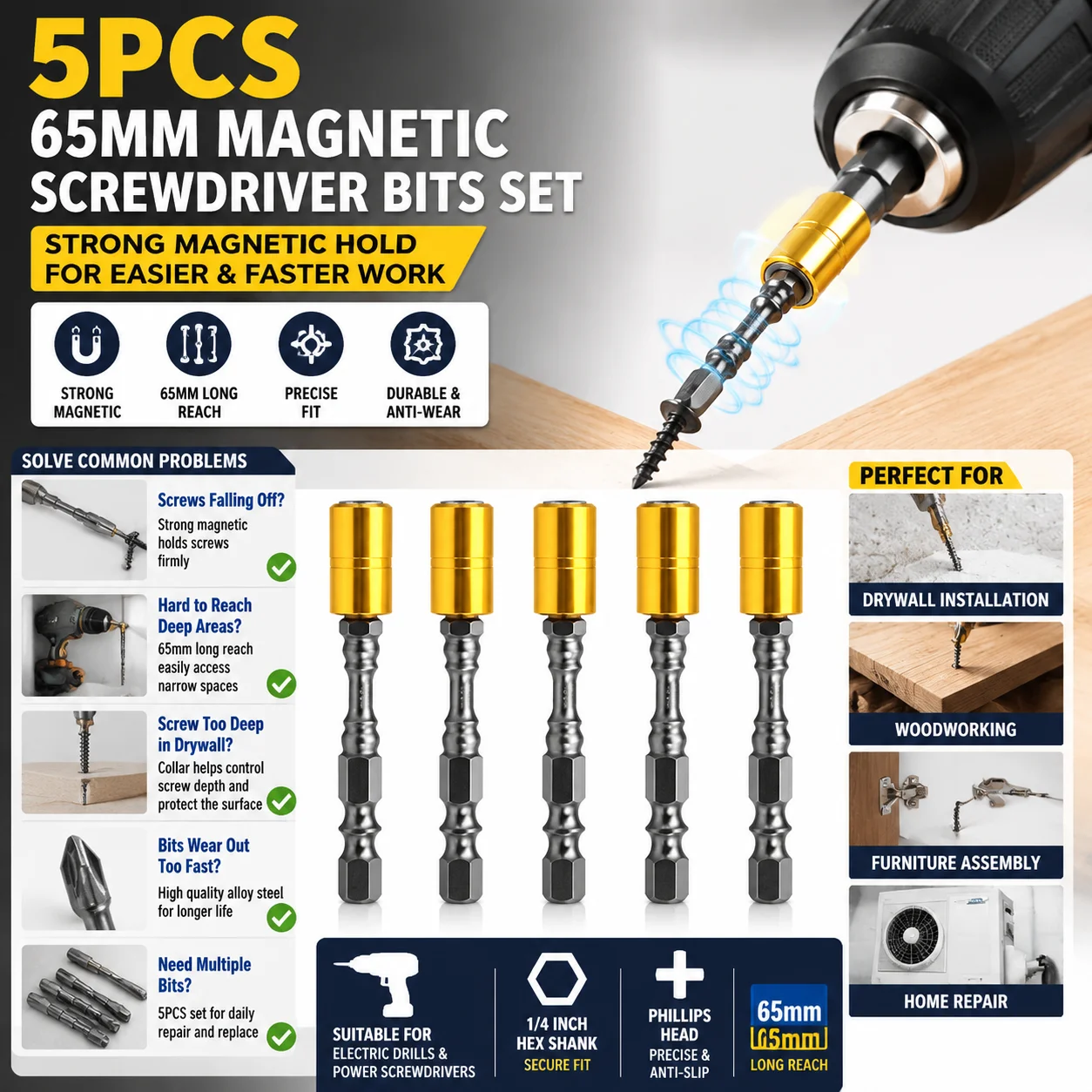 5PCS/10PCS 65mm Magnetic Phillips Screwdriver Bits Set Long Reach Drywall Screw Bits For Electric Drill Power Tool Home Repair