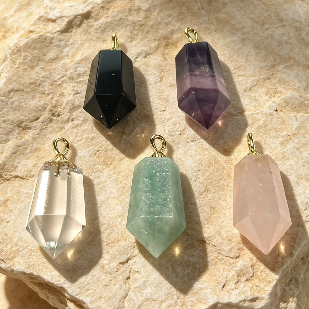 1PC Double Point Natural Crystal Pendant Multi-color Hexagonal Prism Gem Charm DIY Necklace Jewelry Gold Plated P2D1055
