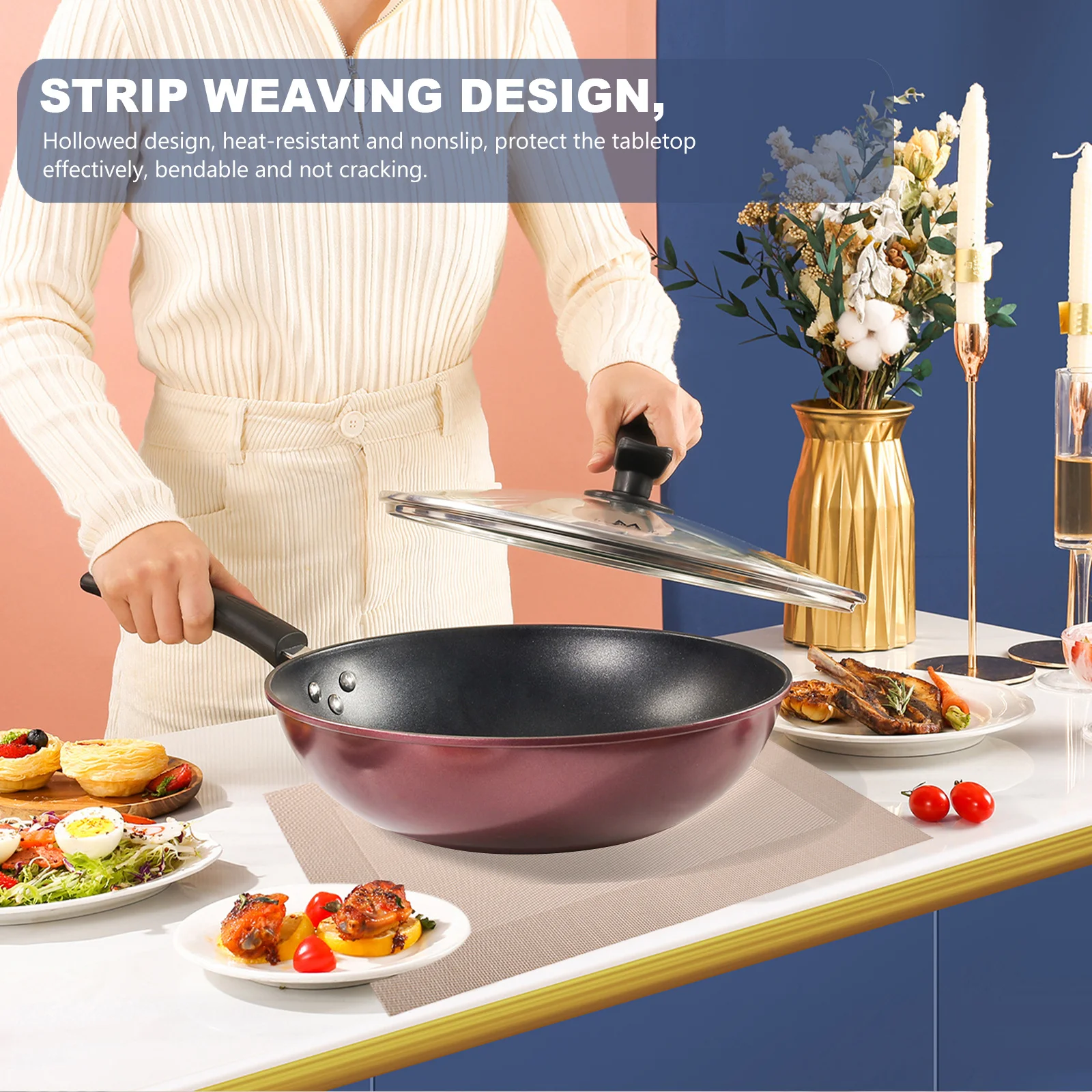 

6pcs Heat Insulation Table Mat Rectangular Washable Place Mats Outdoor Patio Non-Slip Hollow Design Lightweight Kitchen
