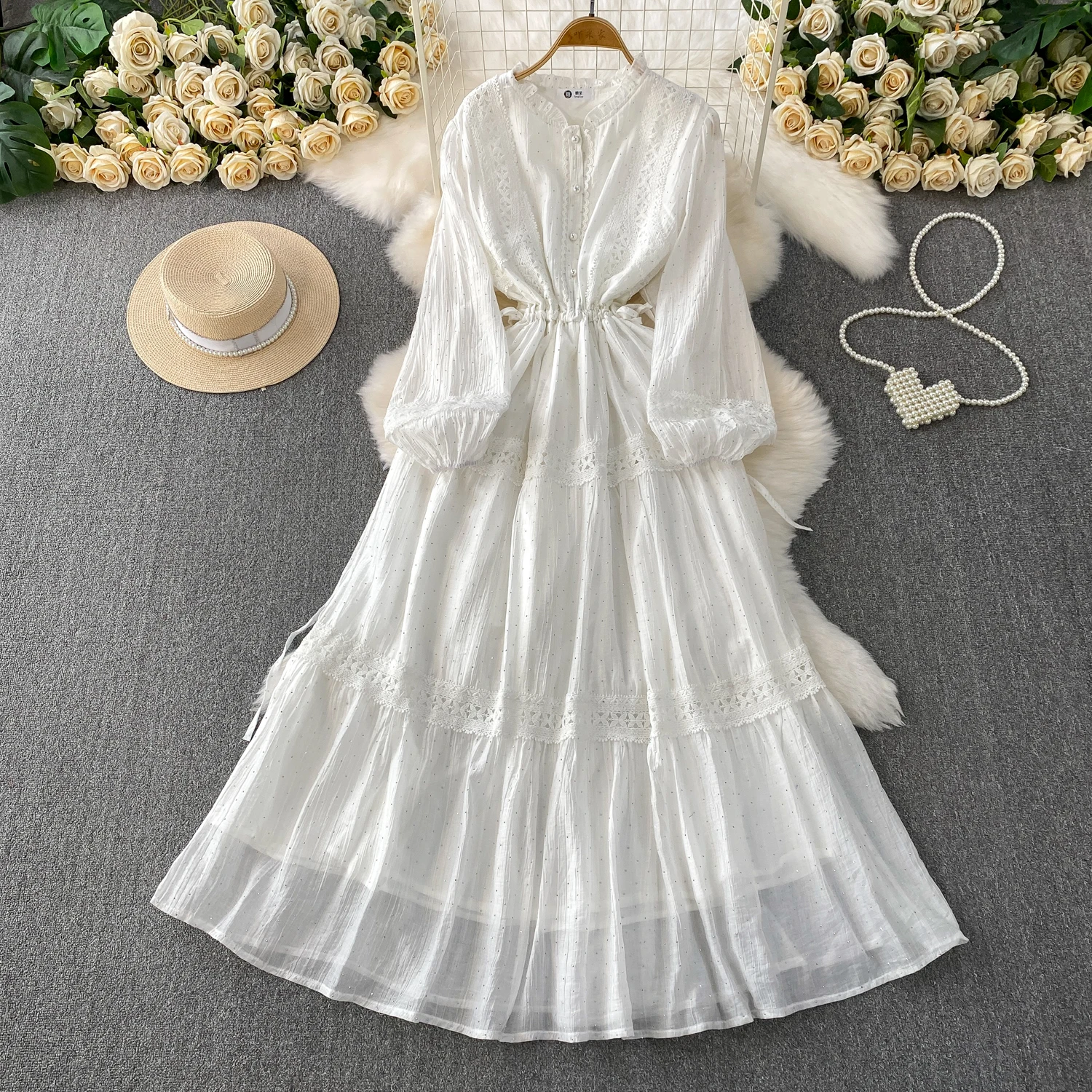 シックなヴィンテージシャーリングドローストリングレースエレガントな妖精韓国ファッションボヘミアンビーチ女性服ロングドレス
