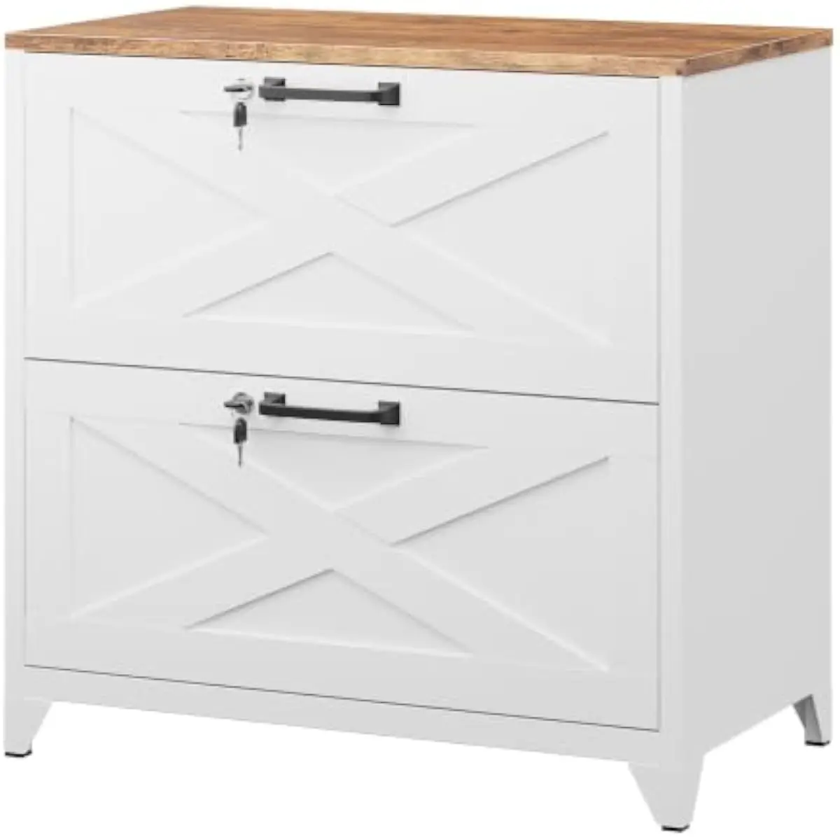 Two-drawer lateral steel filing cabinet with synchronized lock system and anti-tip interlock mechanism — accommodates A4 letter