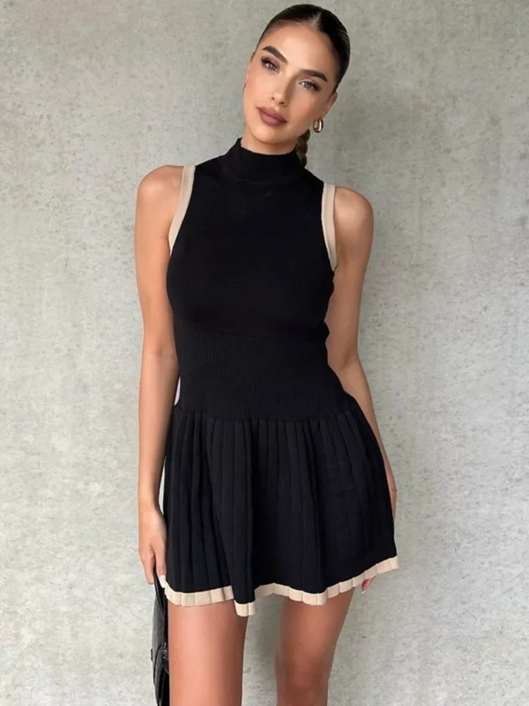 LangMao Half High Collar Sleeveless Sexy Mini Dress For Women Fashion Autumn New Solid A-line High Waist Bodycon Tank Dress