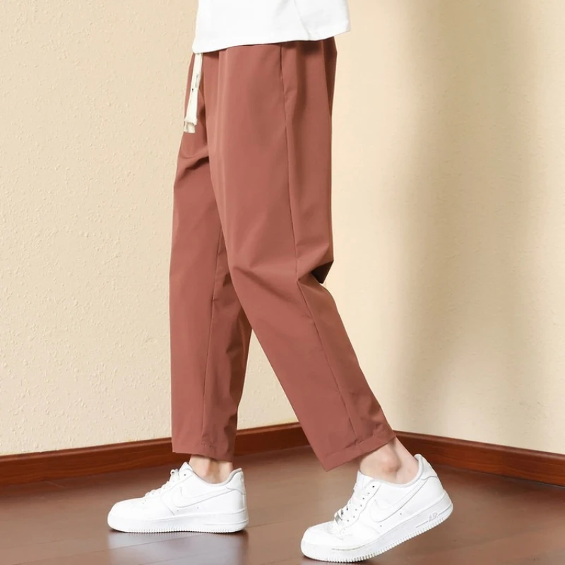 

Летние мужские брюки до щиколотки с эластичной резинкой на талии, повседневные брюки на плоской подошве из ледяного шелка, свободные и удобные, для улицы