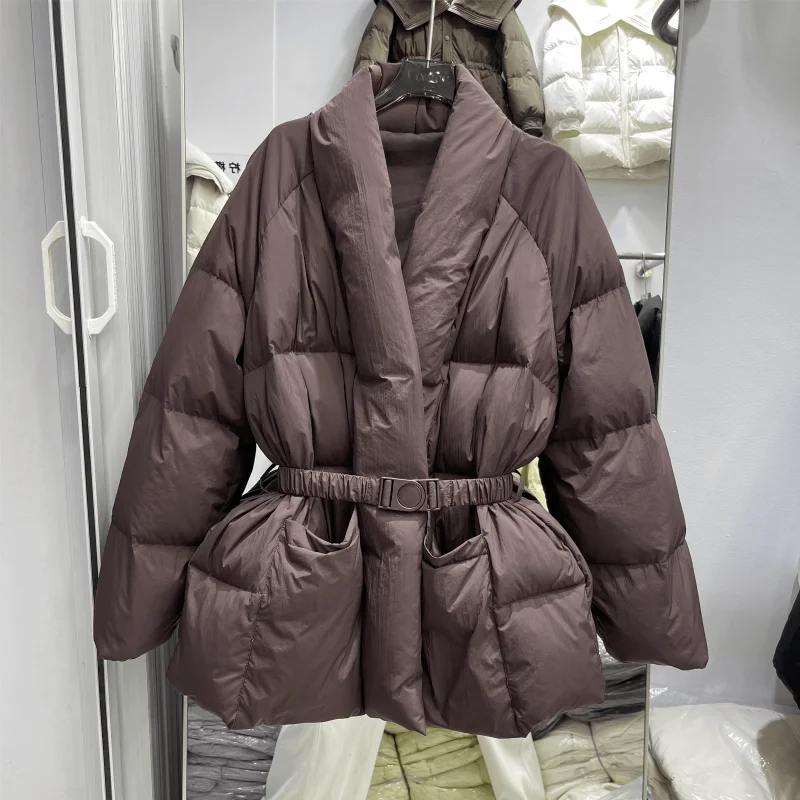 2025 inverno nova jaqueta feminina médio a longo com decote em v cinto mostra desbaste solto design exclusivo jaqueta parkas