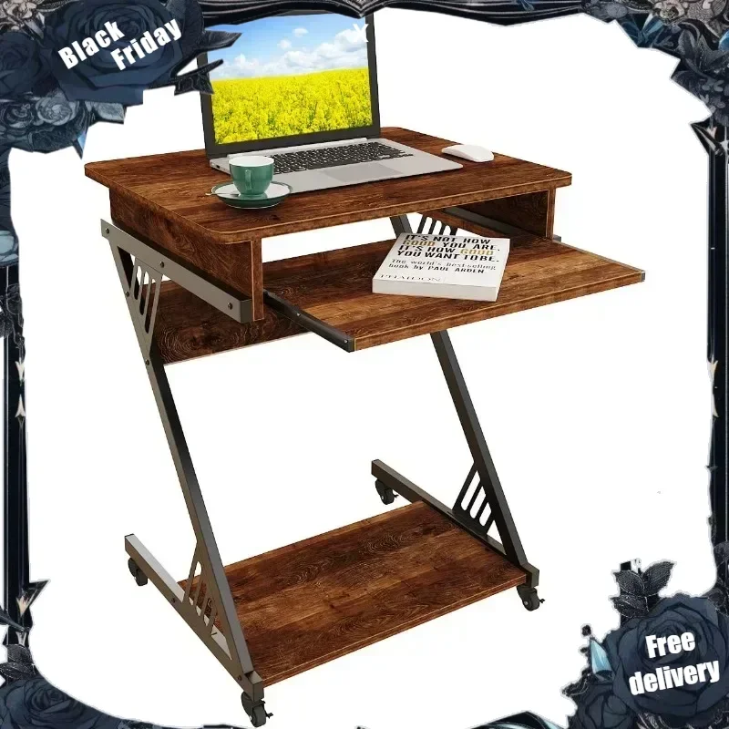 

Computer Desk for Small Spaces,23.6" Z-Shaped Compact Study Table with Smooth Keyboard Tray,with Wheels and Bottom Shelves