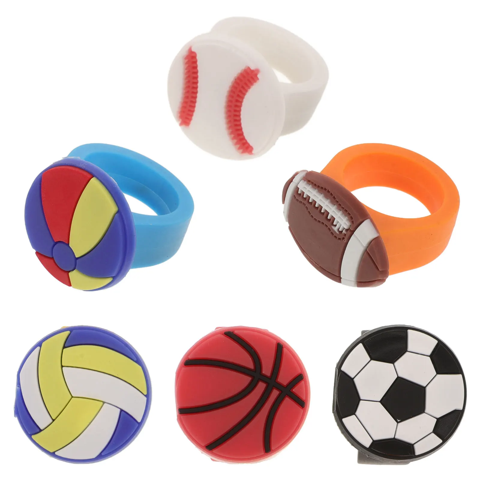 

6pcs Sports Rings Colorful Chunky PVC Basketball Baseball Party Theme Jewelry For Men Women Kids Gift Packaging Box