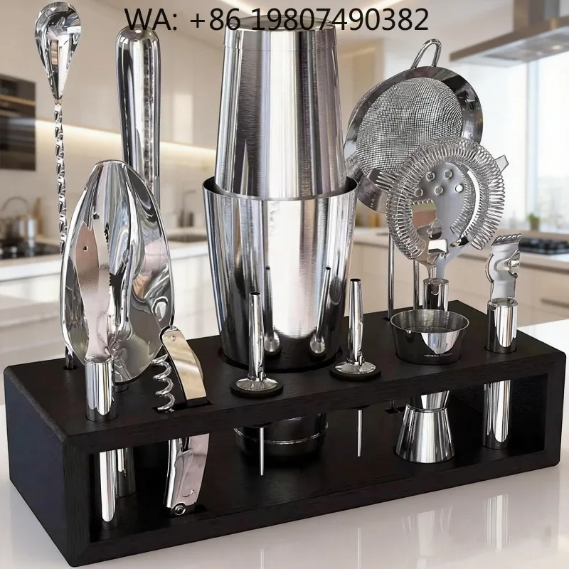 All-in-one Bartender Mixing Kit With Bamboo Stand, Stainless Steel Cocktail Shaker Full Bar Tools, Giftable Barware For Home Par