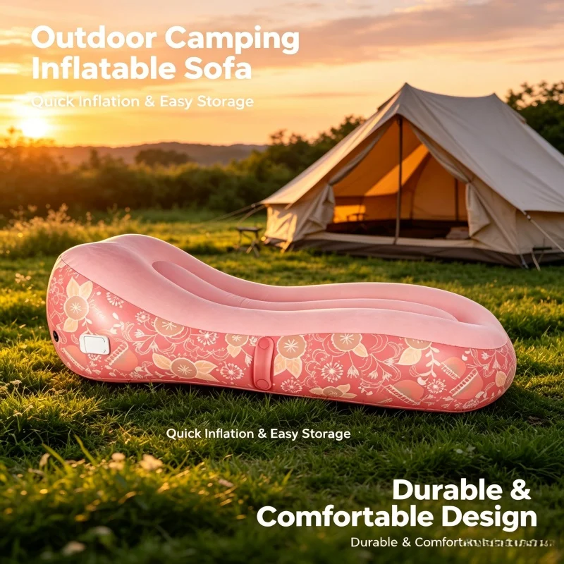 Pink Flower Pattern Inflatable Camping Sofa, Portable PVC Air Lounge Chair with Handle - Travel Backyard Foldable Inflatable Bed