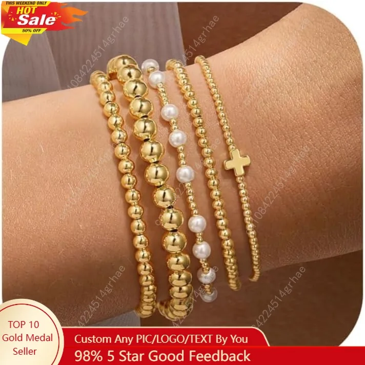 

Yoosteel Gold Beaded Bracelets Set for Women Teen Girl Gifts Non Tarnish - 14K Gold Plated Dainty Round Bead Ball Pearl Cross Br