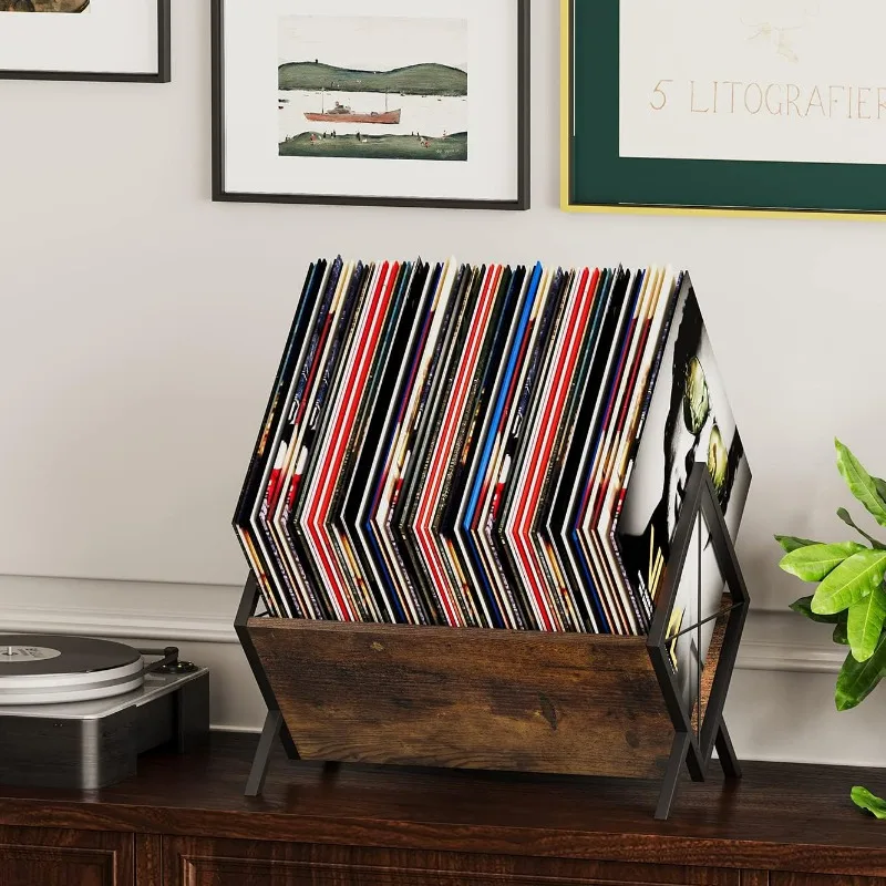 Factory Direct 2026 Solid Wood Vinyl Record Rack Wrought Iron Wood Combined CD Disc Storage Rack Desktop Large Capa