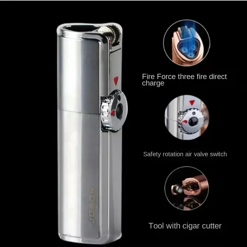 Jobon Torch Lighter Powerful Three Straight Blue Flame Grinding Wheel Windproof Cigar Lighter Turbo Spray Gun Men's Gadgets view 4
