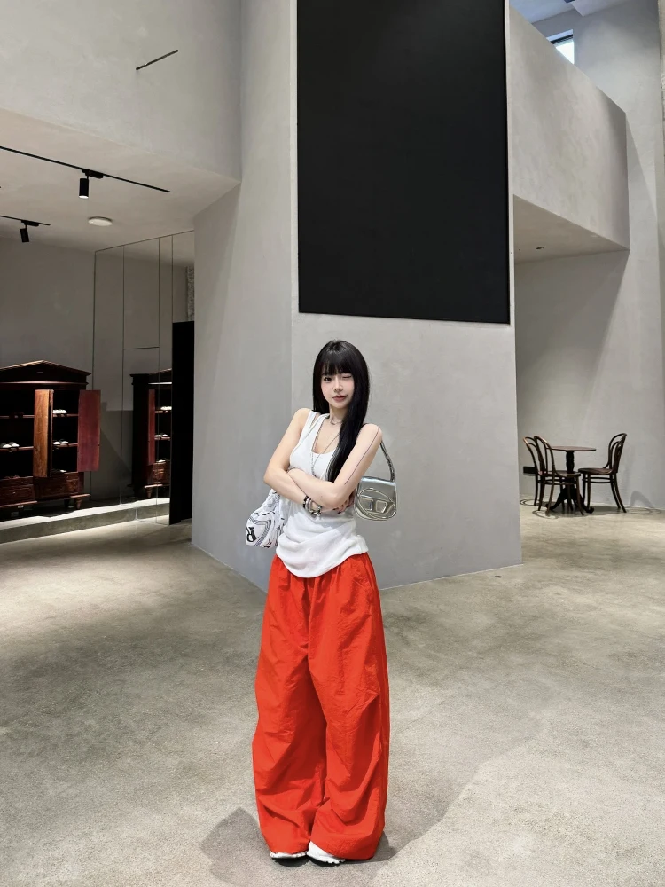 

Новые летние свободные широкие брюки в американском стиле Вест-Кост, оранжевые, в пол, с низкой талией, повседневные, женские