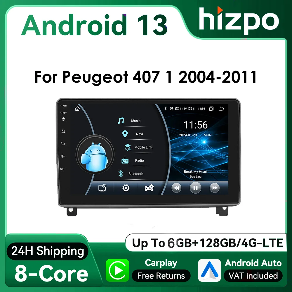 Radio samochodowe Hizpo 2Din Android13 dla Peugeot 407 CC SW 2004 - 2011 bezprzewodowy Android Auto CarPlay GPS RDS 4G BT SWC UI8581