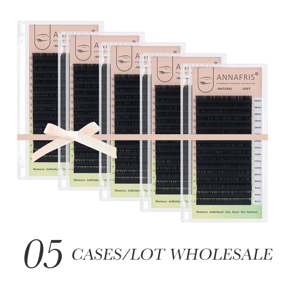 ANNAFRIS Wholesale 5Cases/lot 8-15Mix L/L+/LC/LD/LU(M) Curl Eyelash Extension Matte Black Faux Mink Soft Natural False Lashes