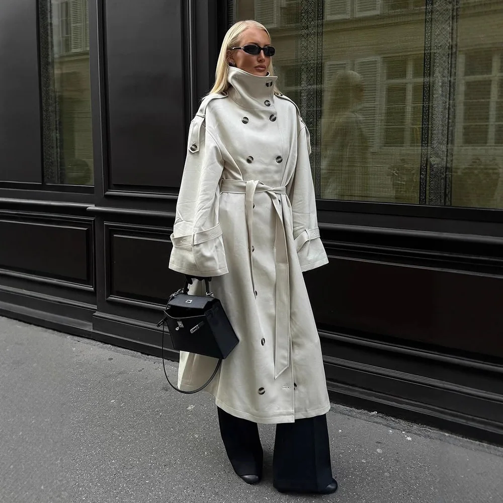

Double-breasted Lapels Stylish Belt Loose Fit Solid Color Jacket Autumn and Winter Women's Beige Long Trench Coat