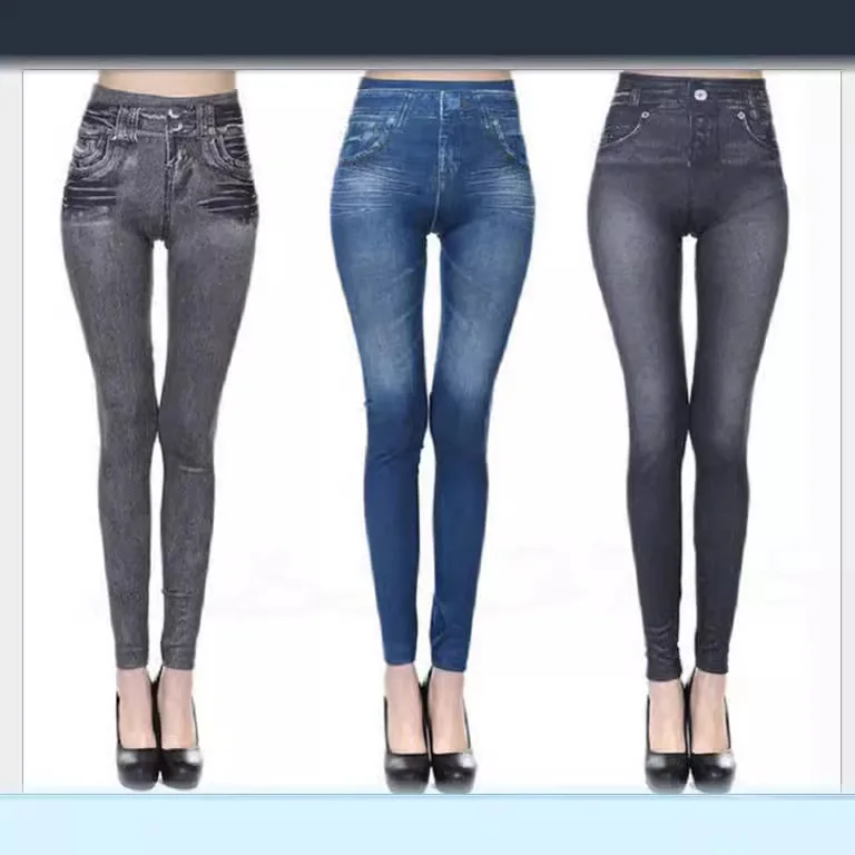 Fashionable European and American yoga pocket cinching imitation denim leggings seamless yoga pants
