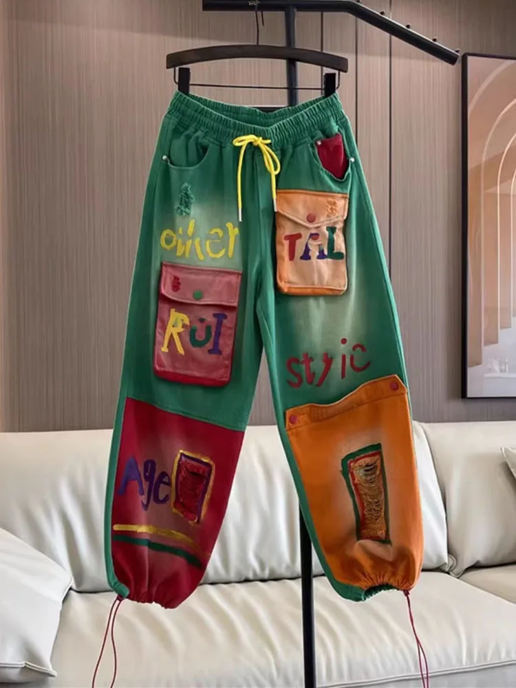 Malowane dżinsy damskie 2024 jesień nowe spersonalizowane elastyczne spodnie jeansowe z paskiem na kostce modne