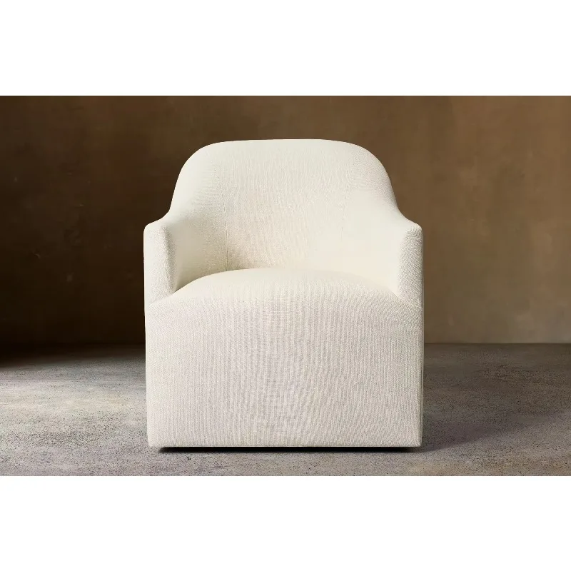 *Slipcovered Curved Back White Linen Blend Fabric Integrated Arm Modern Simple Swivel Accent Armchair