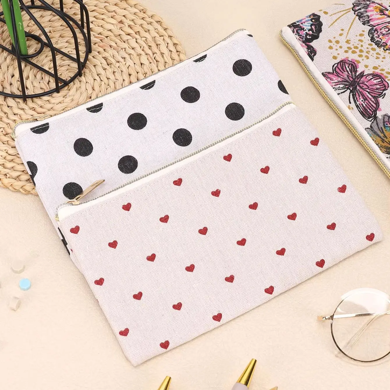Flat Linen Canvas Pencil Case, Simple Heart Floral Butterfly Polka Dot Print Zipper Pouch, Multi Functional Portable For Student