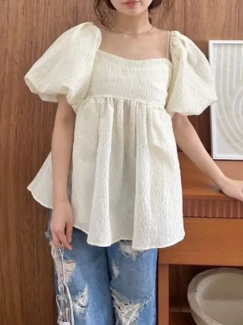 Off Shoulder Hemdjes Japan Jacquard Shirts En Blouses Bladerdeeg Korte Mouw Blusas Twee Manieren Dragen Ropa Mujer 2024 Zomer Nieuwe Tops