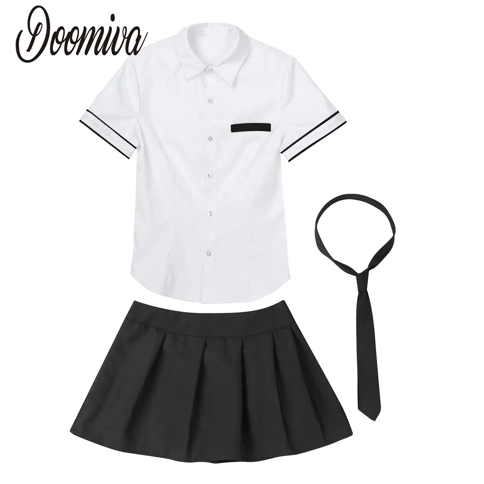 

Womens Schoolgirls Cosplay Costume School Girl Uniform Outfit Short Sleeve Shirt with Plaid Skirt for Halloween Carnival Party