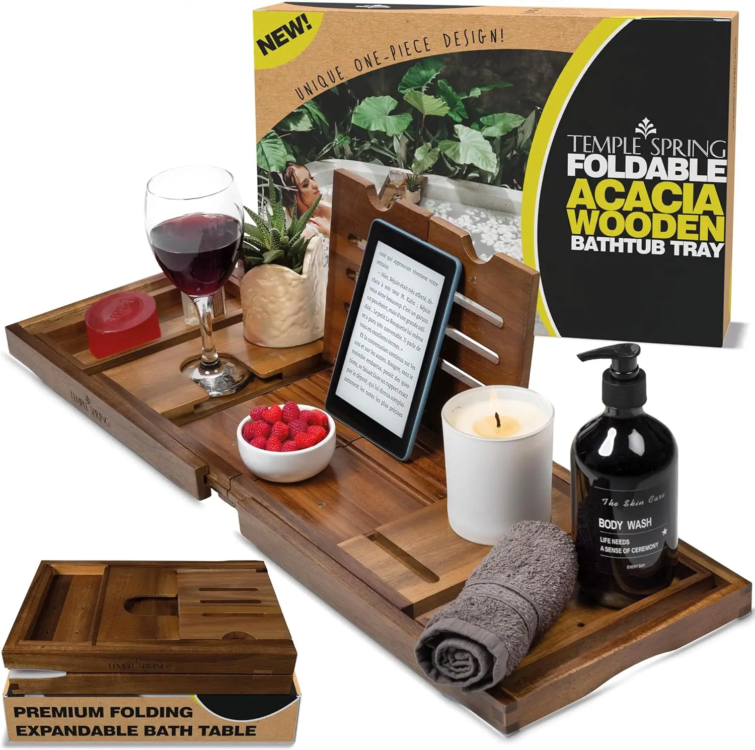 

Foldable Bathtub Tray with Unique Design, Acacia Wood Spa Bathroom Caddy for Relaxation and Organization