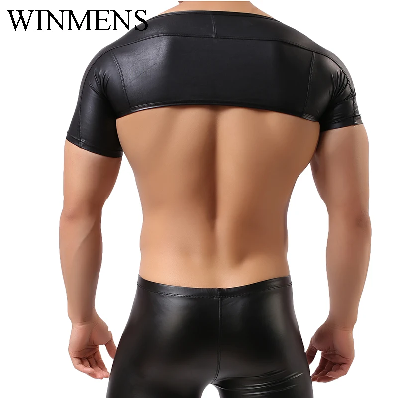 Men's Crop Tank Tops Sexy Irregular Black Patent Leather T-Shirts Fun Stage Performance Clothes Gym Wresting Shirts