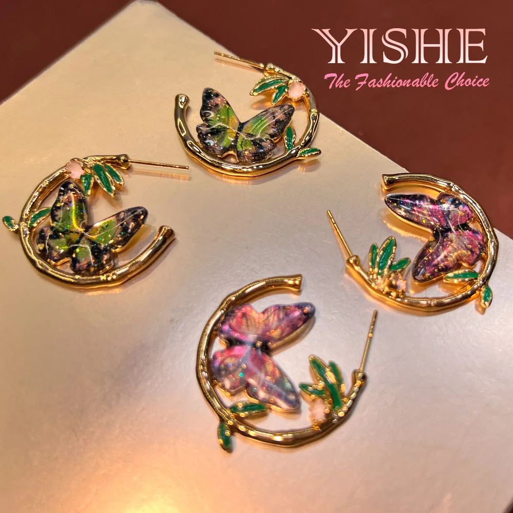 New Chinese enamel butterfly earrings vintage plated real gold Internet celebrity hot-selling temperament elegant senior antique