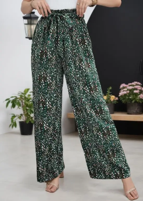 

Loose Women's Summer Retro Style Floral Print Lace Up Slim Fit Waist Cinching Wide Leg Pants Suitable for Daily Casual Wear