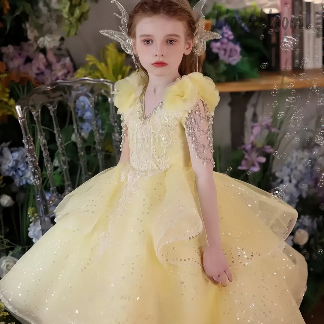 Gaun Formal Anak Perempuan Multi-Warna Kustom, Gaun Putri Tulle Kuning, Pakaian Pesta Pernikahan Wanita, Gaun Pernikahan