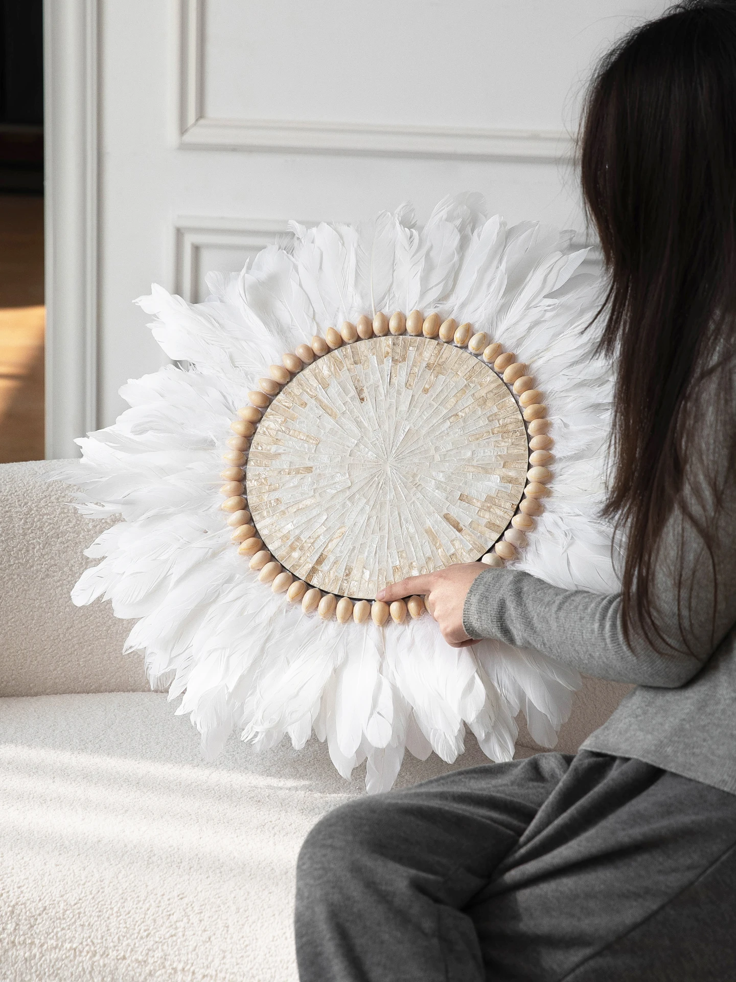 Decoración de Pared con Plumas y Conchas Estilo Francés, Pieza Artística Redonda Tejida a Mano para Coar en la Sala de Esta...