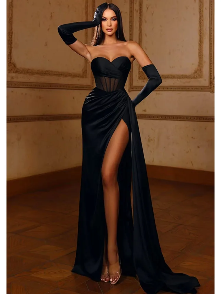 

Summer Fashion Women Sexy Strapless Backless Lace Black Maxi Long Bodycon Cotton Dress 2024 Elegant Evening Club Party Dress