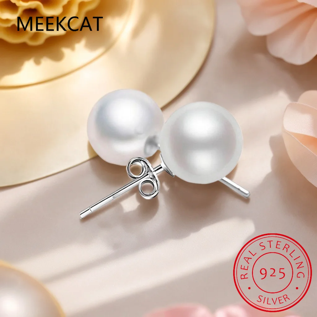 

Real 925 Sterling Silver Geometric Round Bead 6/8/10/12mm Pearl Stud Earrings Brincos For Women TRENDY Fine Jewelry Accessories