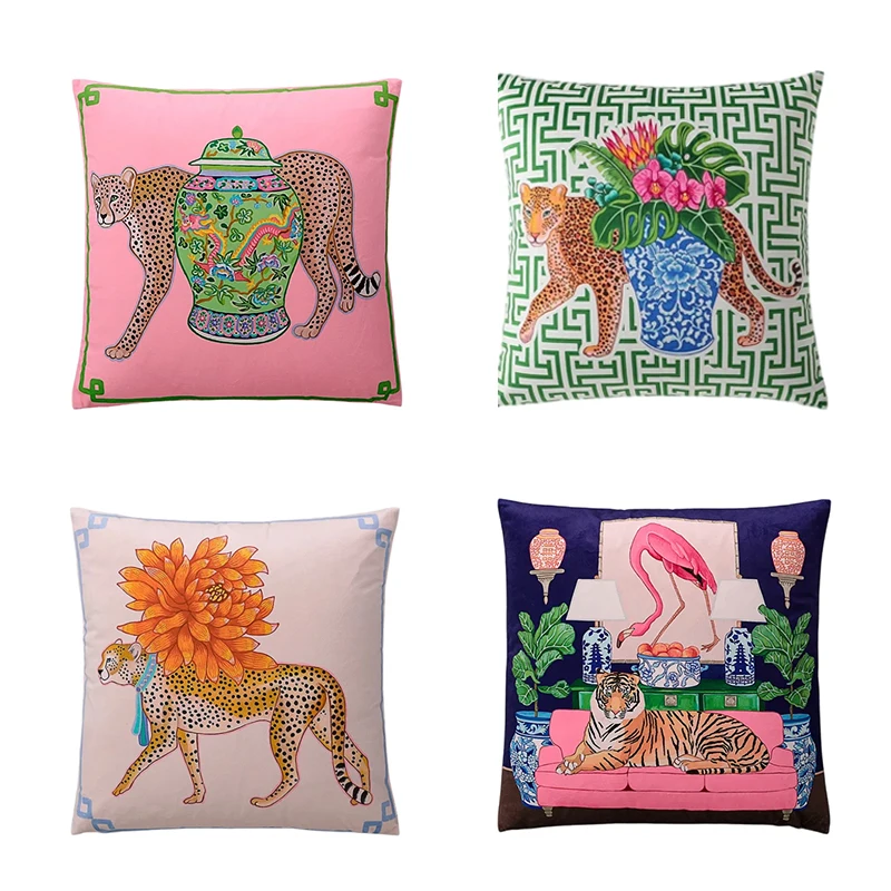 1pc Tiger Cheetah Print Cushion Cover Soft Polyester Preppy Chinoiserie Chic Style for Sofa Bedroom Living Room Home Decor