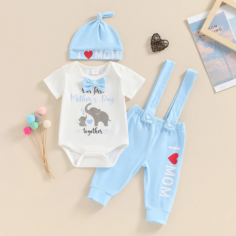 

0-18M Baby Boy Outfit Short Sleeve Elephant Print Bow Romper with Overall Pants and Hat First Mother’s Day Outfit