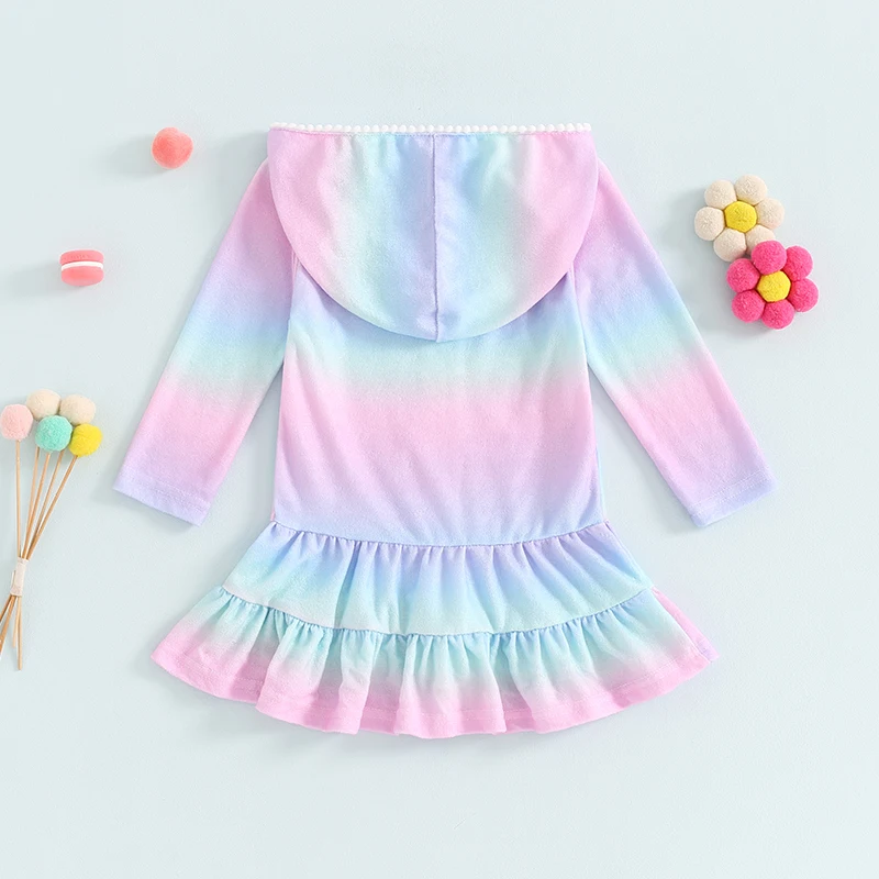 غطاء على ملابس السباحة للفتيات بطباعة قوس قزح ، أكمام طويلة ، هودي بسحاب ، واقي من الطفح الجلدي ، بدلة سباحة للأطفال الصغار ، الأطفال ، الصيف