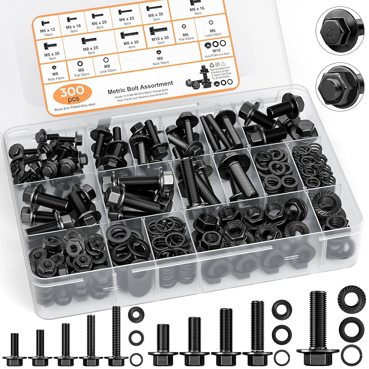 

300 sets of M6M8M10 metric screws, including 12, 16, 20, 25, 30 mm black nuts and bolts, as well as locking pieces and washers