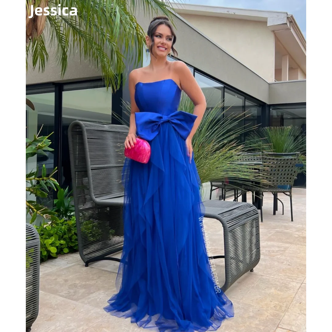 

Jessica Blue Wedding Dress Tulle Satin Bow Elegant Prom Dresses A-shaped Off-shoulder Cocktail Dresses Vestidos De Fiesta