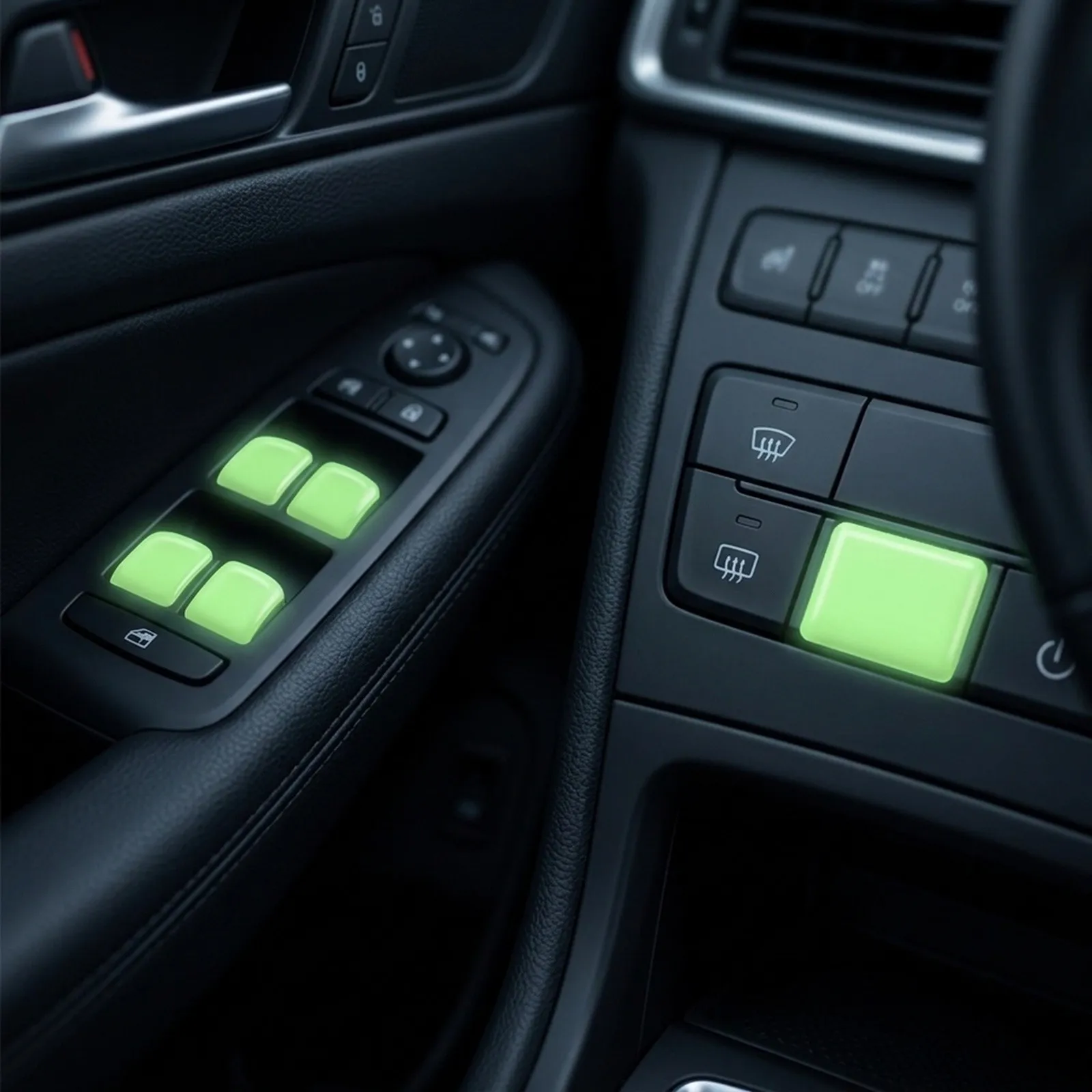 4pcs Green Glowing Car Button Sticker Set Fit For Window Decal Auto Decorative Accesories 10.2*2.6cm Interior Stickers