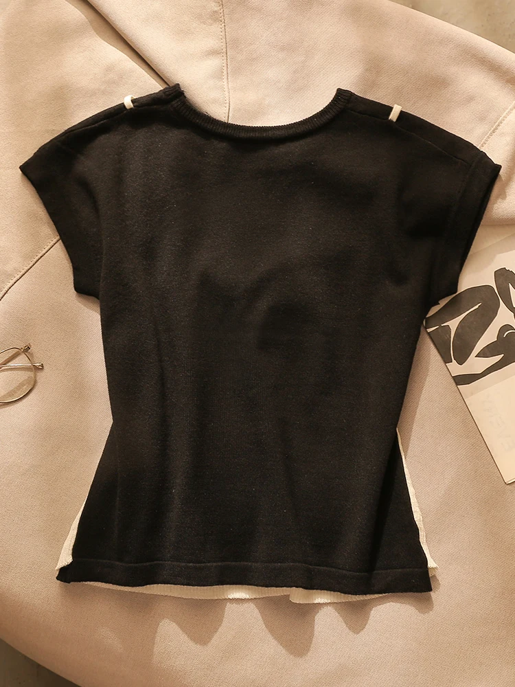 Otoño 2025 Nuevo Sle Hollow out Design ort Sve irt y camiseta sin mangas Combo Ropa de abrigo para mujer Sexy Slim Fit redondo Ne Poly...