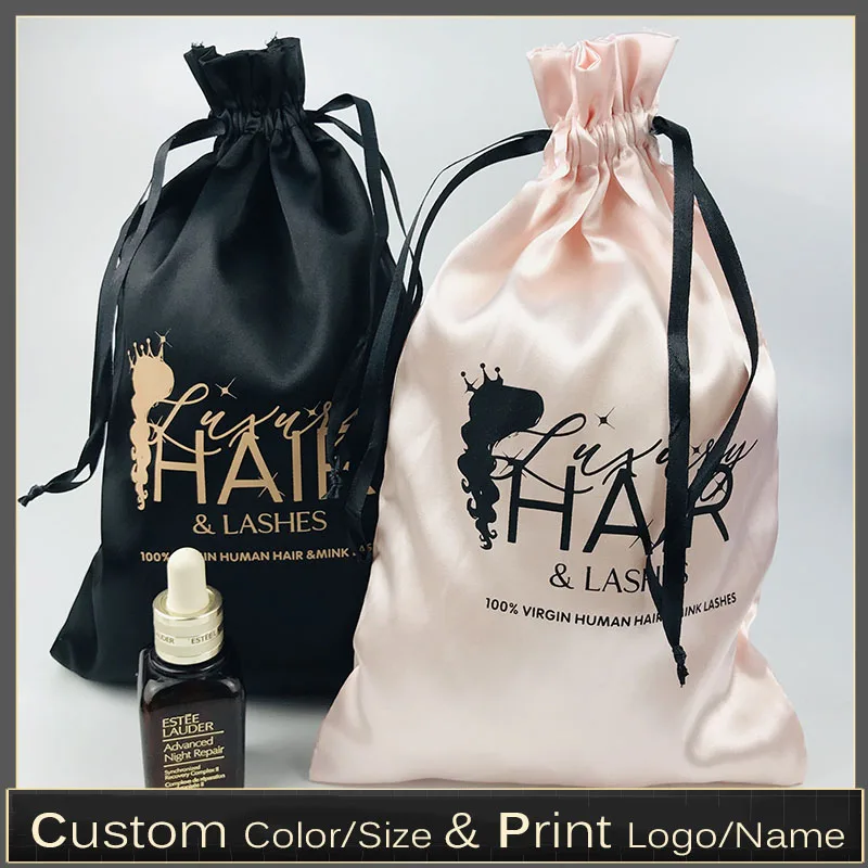 Custom Logo Silk Satin Draw String Bags Virgin Hair Beauty Products Clothes Travel Organizers Drawstring Package Bags 50pcs/lot