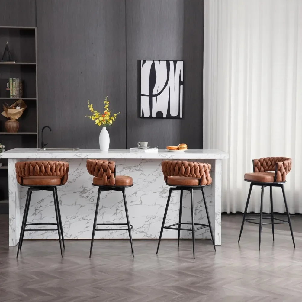 

26inch Bar Stools Set of 4, Counter Height Bar Stools, 180° Swivel Suede Fabric Stool Chairs with Woven Back and Footrest