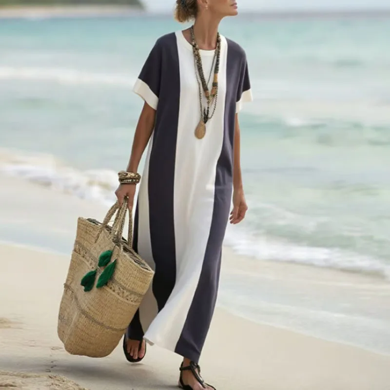 Abito da spiaggia per le vacanze elegante girocollo primaverile Abito da donna chic patchwork di colori a contrasto Abito lungo estivo a maniche corte con spacco Boho