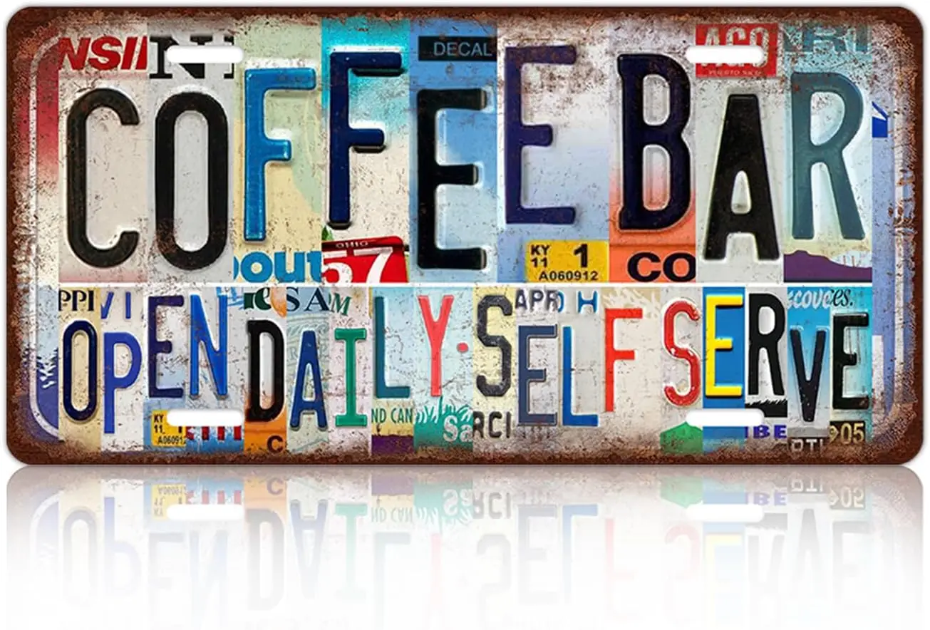 Vintage Coffee Bar License Plate Wall Decor Metal Tin Sign 12 x 6 Inches - Open Daily﹒Self Serve