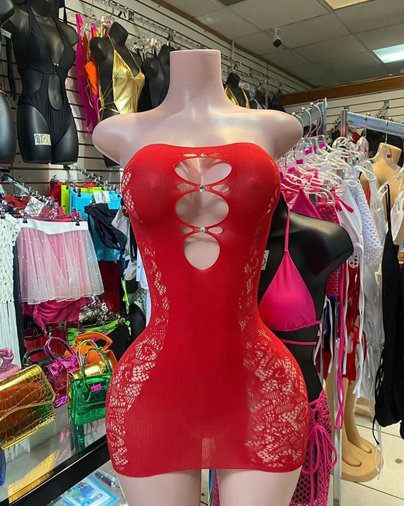 STILVOLLE DAME Diamanten Spitzenkleid 2025, Sommer-Frauen, trägerlos, rückenfrei, ausgeschnitten, figurbetont, sexy Club-Party, Mini-Kleider in Schwarz und Rot