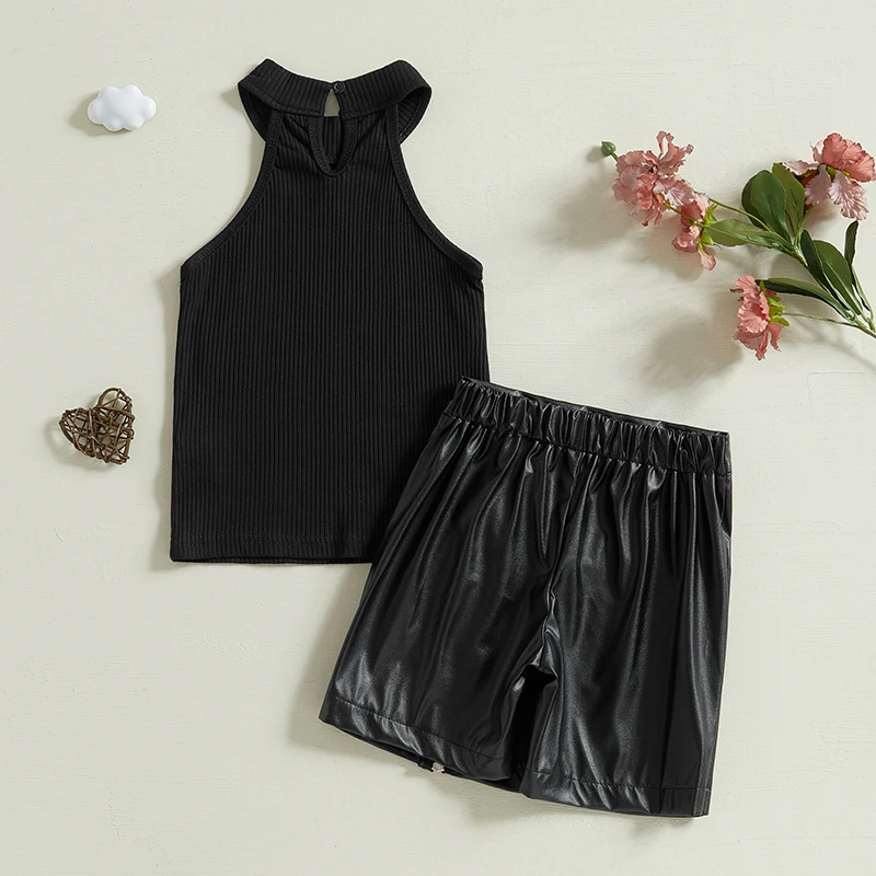 Little Girl Summer Outfit Solid Ribbed Sleeveless Tank Tops Leather Zipper A-line Skorts 2 Pcs Set