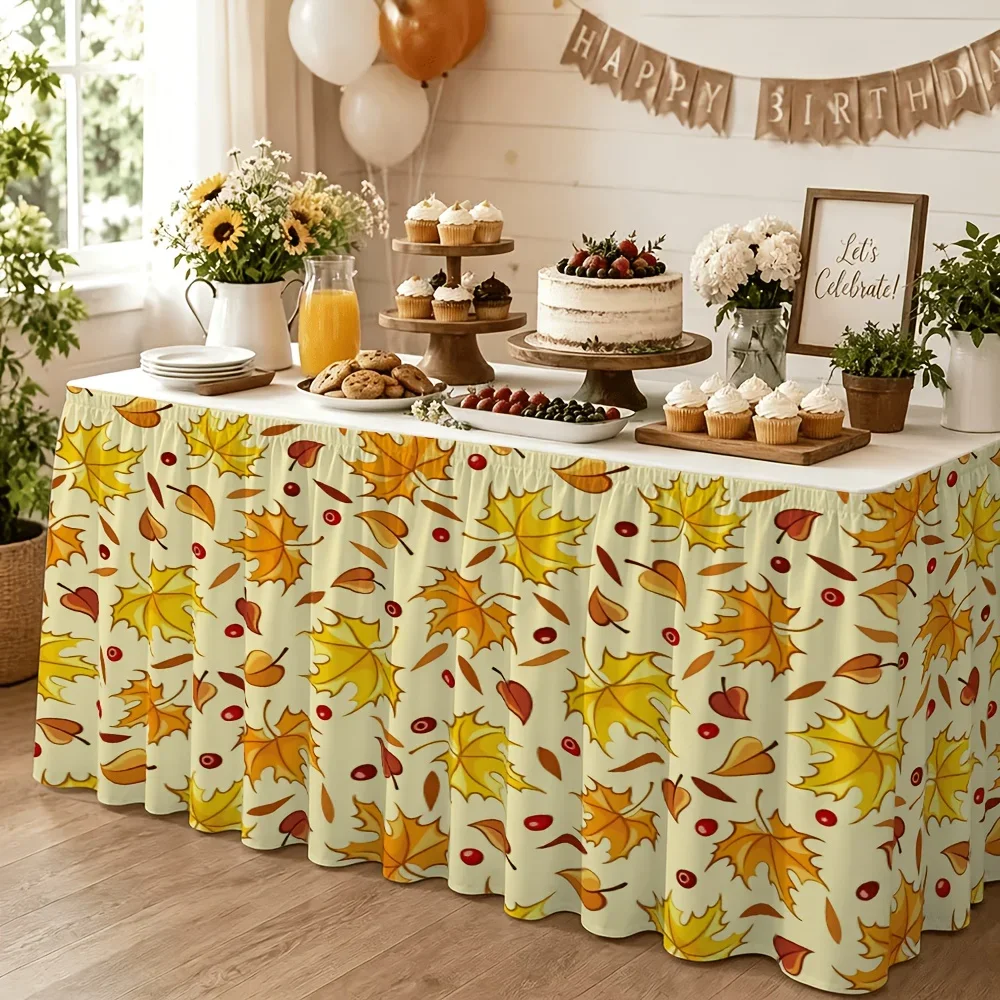 1pc table skirt, autumn maple leaf and berry pattern table skirt, suitable for kitchen table decoration