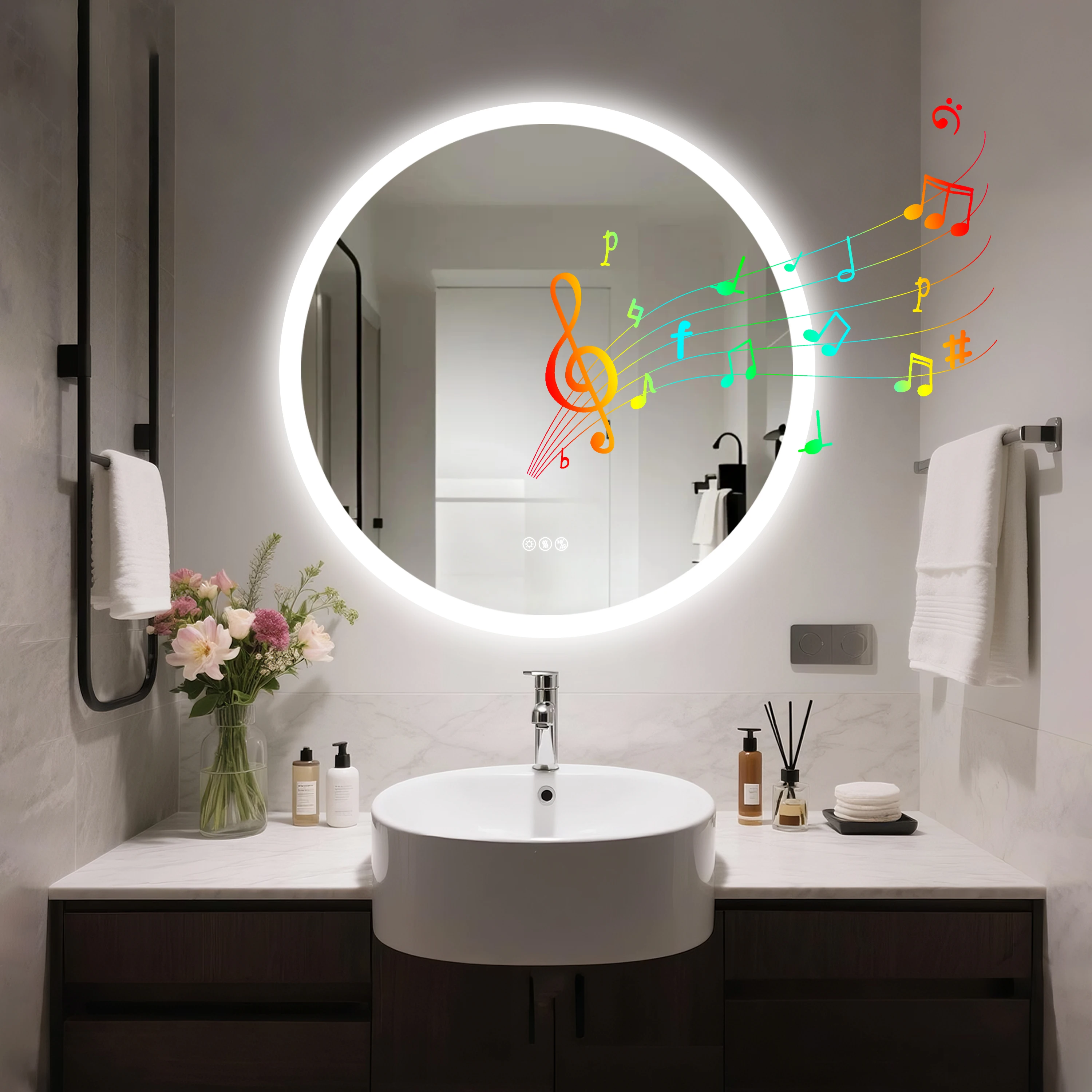 32 '' ronde dimbare led-badkamerspiegel verlichte make-upspiegel met Bluetooth-luidspreker, 3 kleurtemperatuur, ontwasemingsfuncties
