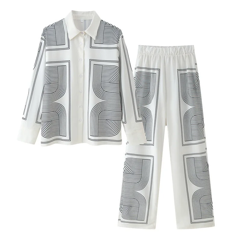 

Women Two Piece Pant Set Women's Geometric Print Shirt Pants Suit Lapel Long Sleeves Top High Waist Zip Straight Wide Leg Pant