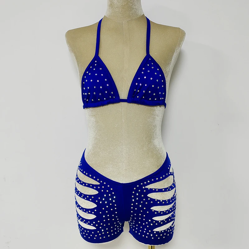 

Hot Two Pieces Nylon Dancer Women Stripper Outfits Rhinestones Ladies Bikini Top Bottle Girls Sexy Bodysuit Exotic Dancewear
